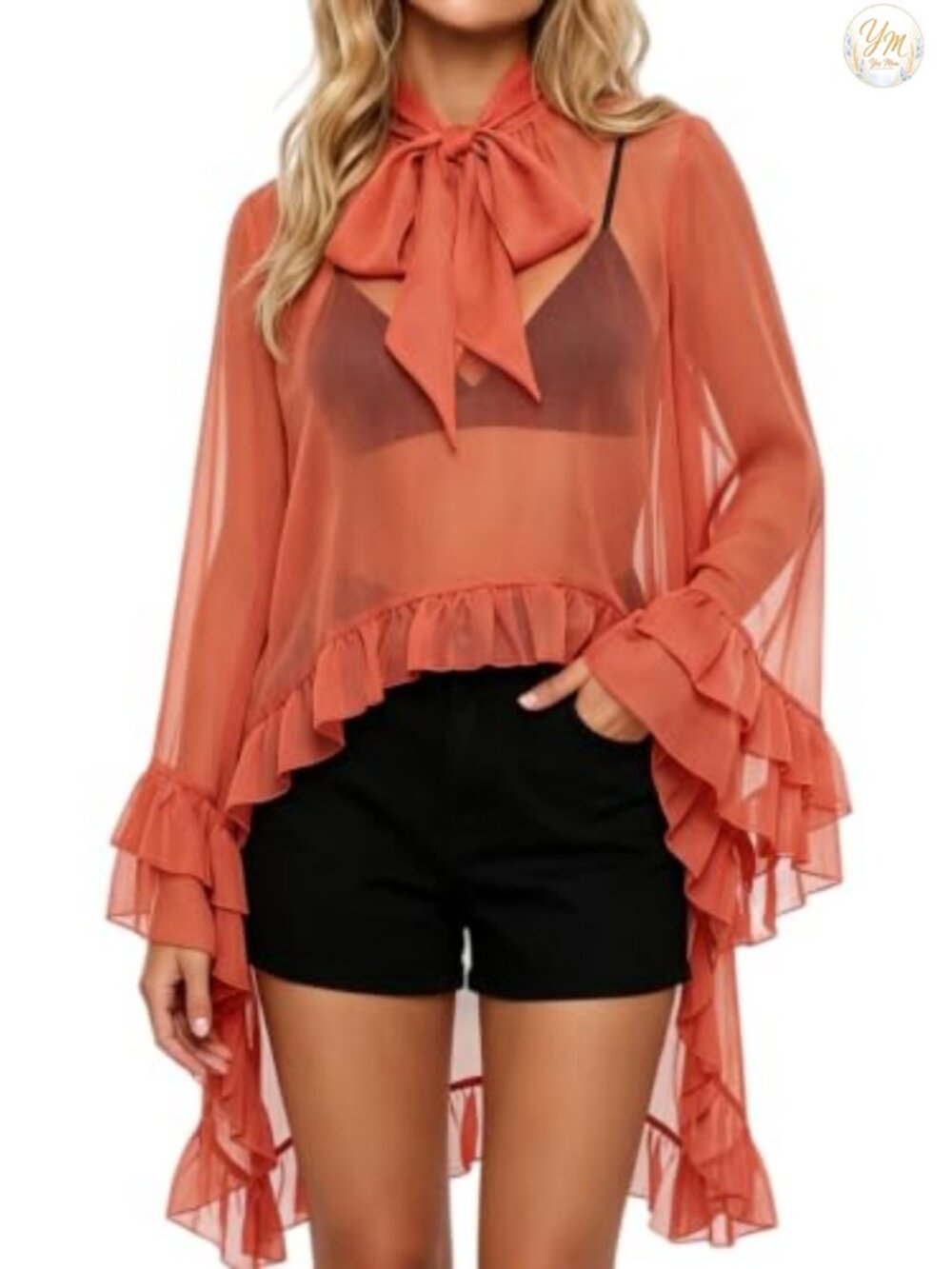 Women Sheer Mesh Bell Sleeve Blouse Loose Fit Frill Chiffon Top